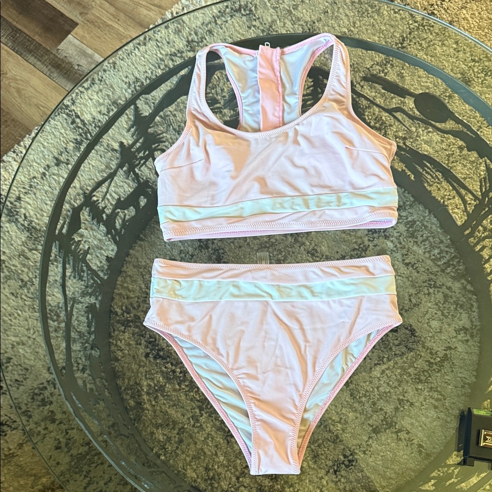 Pink and White Sports Bra and Bikini Set